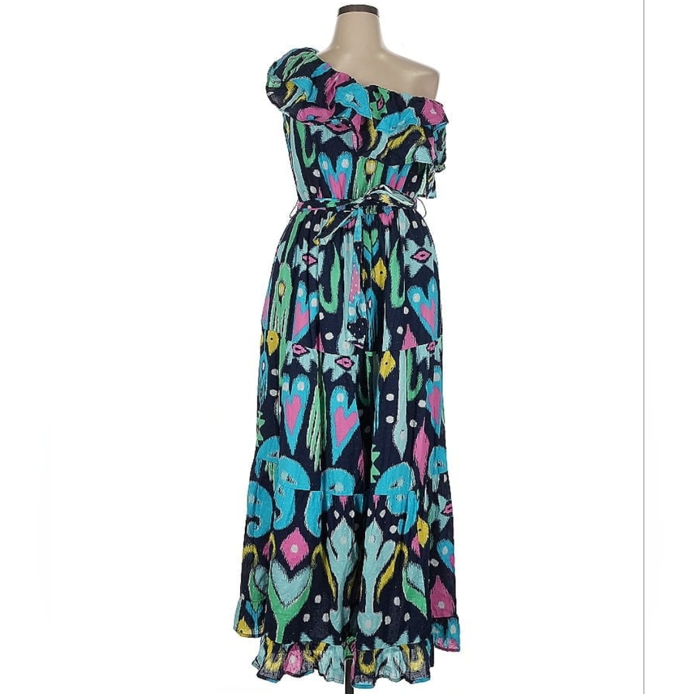Crown & Ivy Navy Ikat One Shoulder Ruffle Maxi Dress Multicolor